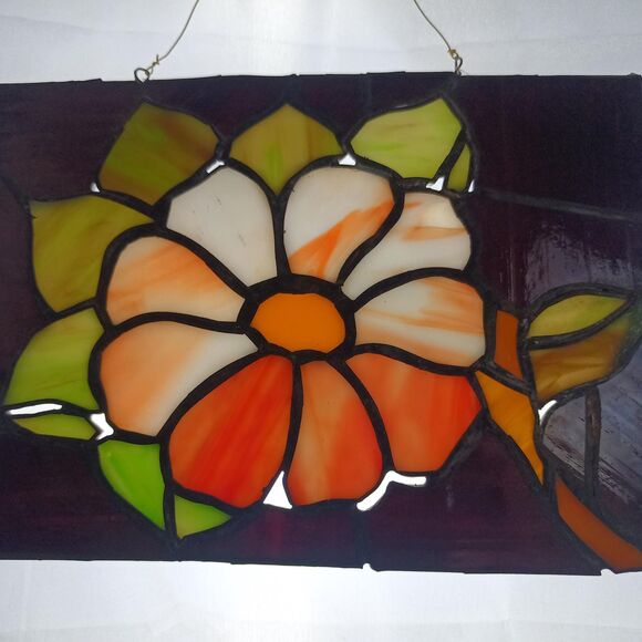 Stained Glass Panel Wall Hanging Window Decor 8 x 10 in Red Flower Art Glass - Picture 2 of 10